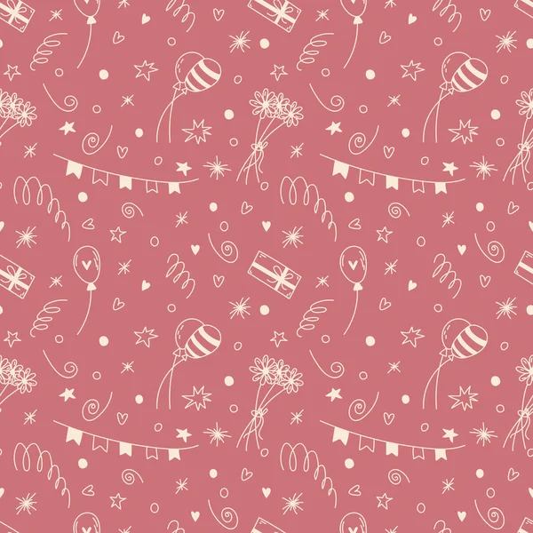 Birthday seamless vector pattern in pink and champagne doodle. Cute cartoon background for St. Valentines — Stock Vector