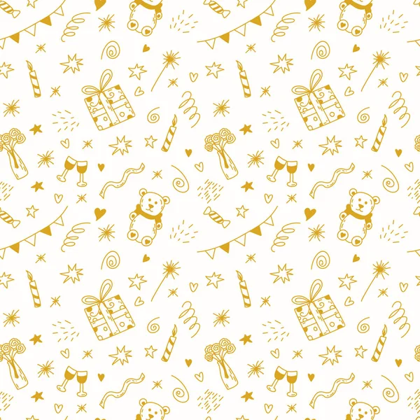 Happy birthday party doodle gold and white seamless pattern. Vector illustration — Stock Vector
