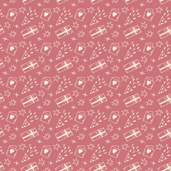 Seamless pattern in doodle style. Cute cartoon background in pink color for birthday, party, St. Valentines — Stock Vector