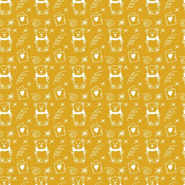 Buon compleanno festa scarabocchiare oro e bianco modello senza cuciture. Illustrazione vettoriale con orsacchiotto e gift card — Vettoriale Stock