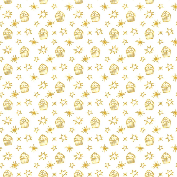 Seamless doodle pattern with gold cupcake and stars. Cute cartoon background for birthday, St. Valentines, bakery — Stock Vector