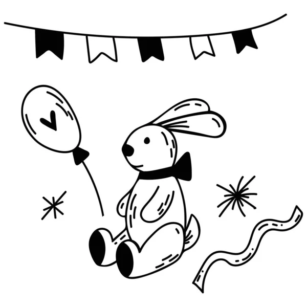 Vektor klotter födelsedagsset av element. Handritad fest illustration med kanin, ballong, fest flaggor, garland. — Stock vektor