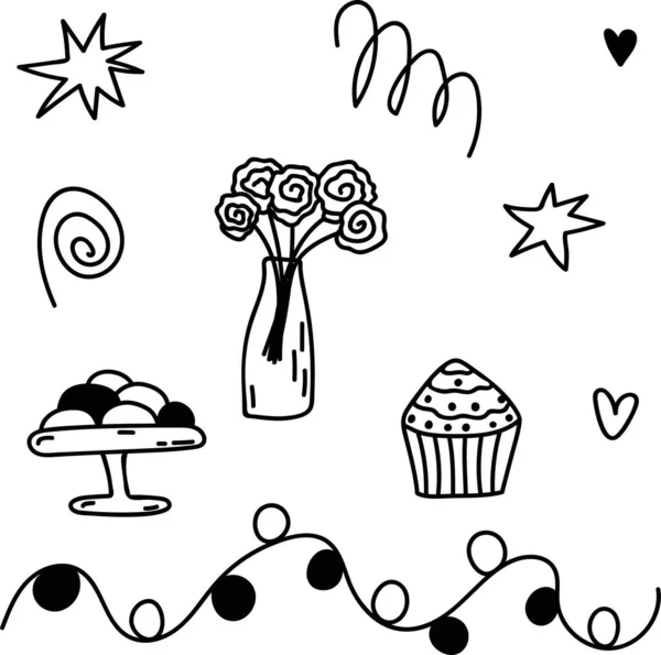 Set de garabatos dibujados a mano para fiesta con dulces, rosas, estrellas, guirnalda, corazón. Ilustración vectorial — Vector de stock