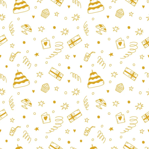 Seamless doodle vector pattern with sweets, birthday cake, gifts and stars. Cute cartoon background for birthday, St. Valentines in gold color — Stock Vector