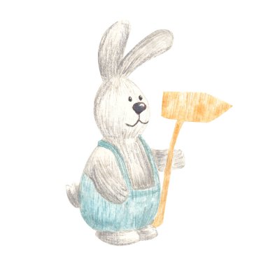 Beyaz arkaplanda gri ve mavi renkli tabelası olan suluboya Paskalya tavşanı