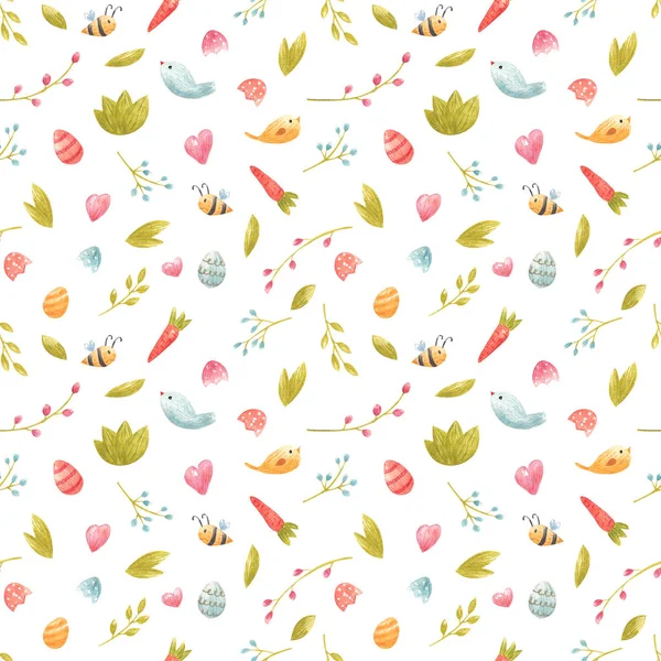 Watercolor seamless spring pattern with bee, flower, branches, carrot, birds, leaves, easter eggs — Stock Photo, Image