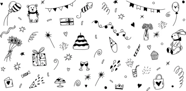 Set di elementi per il compleanno di scarabocchi vettoriali. Illustrazione disegnata a mano con torta, palloncini, scatole regalo. — Vettoriale Stock