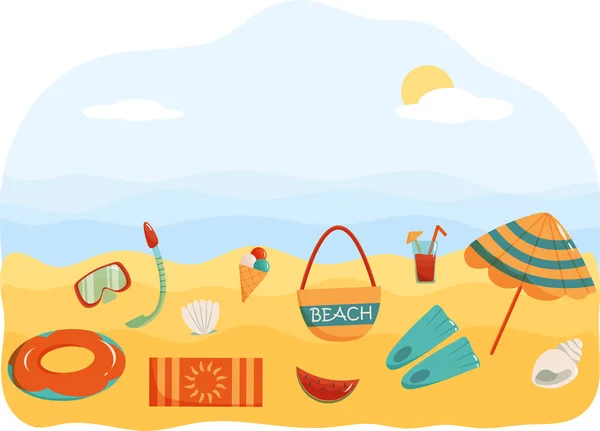 Deniz dalgalarının arka planında rengarenk plaj elementleriyle yaz afişinin temsilcisi.. — Stok Vektör
