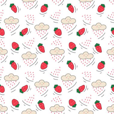 Çilekli ve yağmurlu bulutlu karikatür düz karalama şeklinde vektörsüz desen. El yapımı taze meyve. Pembe ve bej renkli karalama duvar kağıdı. Çocuksu baskı
