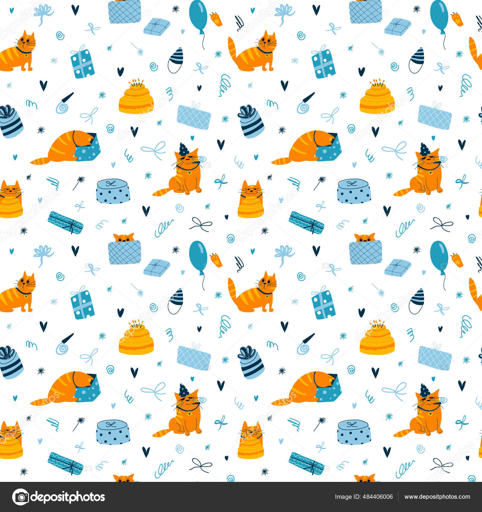 하얀 바탕에 생일잔치 고양이가 있는 반사기없는 패턴. 고양이와 함께 하는 화려 한 벽지, 생일 케이크와 촛불, 선물, 파란색 과  생강으로 만든 풍선 스톡 벡터 - ©v.chornart 484406006, image size:1600x1700