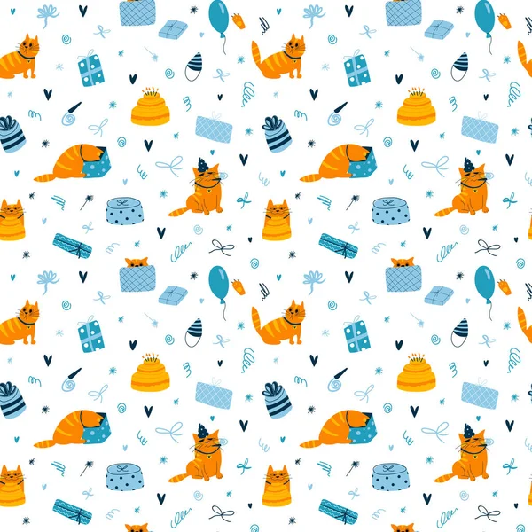 Vector seamless pattern with funny birthday cats on white background. Colorful wallpaper with cats, birthday cake and candles, gifts, balloons in blue and ginger — Stock Vector