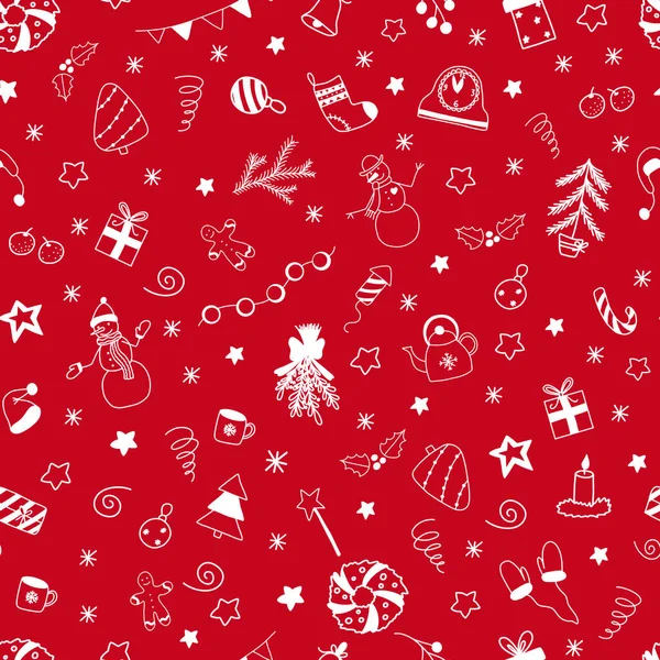 Vector christmas and new year seamless pattern with white doodles elements on red background. Cute cartoon snowman, garland, gift box, candle, sweets, Christmas tree, fir branch, wreath, mistletoe — Stock Vector