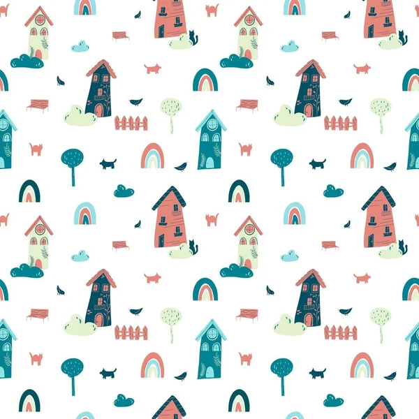 Seamless pattern with fairy houses and rainbows in cartoon flat style. Vector colorful illustration of home, cat, dog, bird for kids wallpaper, textile, card, product desing, background, wrapping