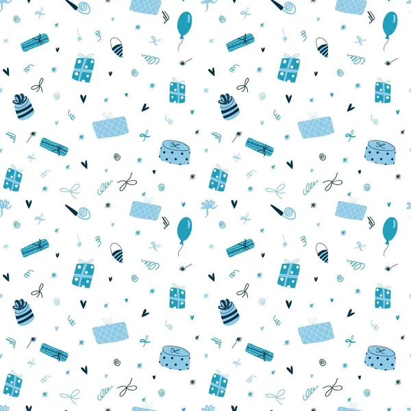Vector Nahtlose Muster Mit Niedlichen Lustigen Blauen Geschenkschachteln Cartoon Flach — Stockvektor