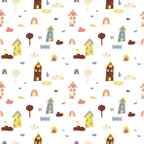 Seamless pattern with fairy houses and rainbows in cartoon flat style. Vector colorful illustration of home, cat, dog, bird for kids wallpaper, textile, card, product desing, background, wrapping paper, scrapbooking, surface textures