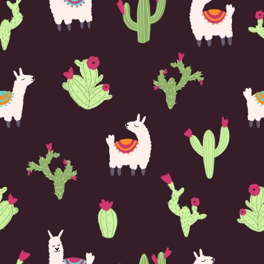 Karanlık bir arka planda alpaka lama ve kaktüs olan vektörsüz desen. Çizgi filmdeki sevimli hayvanlarla çocuksu bir tasvir.