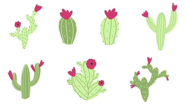 Set de cactus. Doodle flores y plantas. Ilustración infantil vectorial en estilo dibujado a mano de dibujos animados — Vector de stock