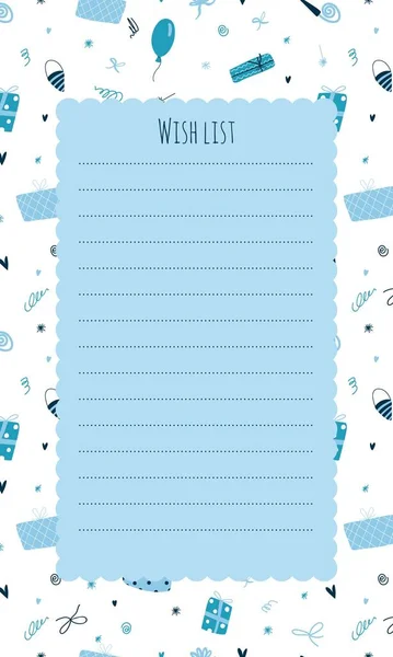 Wishlist template with hand drawn blue gift boxes on background. Kids stationary, cute list for Christmas or birthday in blue and white color in cartoon naive style. Vector illustration — Wektor stockowy