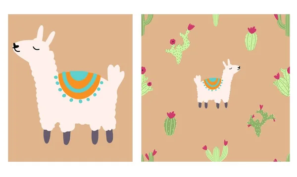 Lama alpaca sömlöst mönster med kaktus. Vektor illustration av plantskola tecken i tecknad hand ritade klotter barnslig stil — Stock vektor