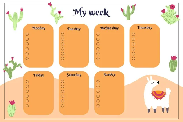 Weekly planner for kids with hand drawn cactus and lama alpaca in cartoon childish style. Colorful vector illustration for stationary, schedule, list, school timetable, extracurricular activities — Wektor stockowy