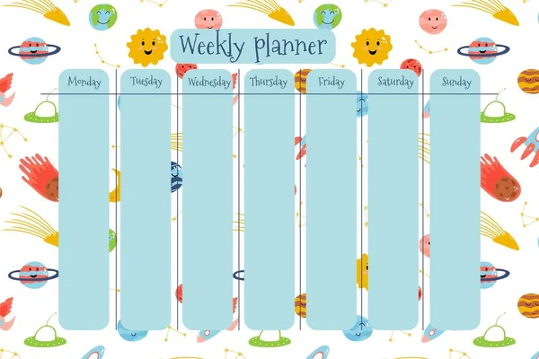 Weekly planner for kids with planets, space elements, rocket, meteorite, constellation in cartoon childish style. Colorful vector illustration for stationary, schedule, list, school timetable — Wektor stockowy