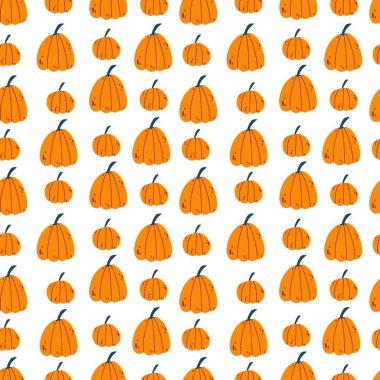 Şükran Günü için kusursuz desenler, Cadılar Bayramı elinde balkabağı beyaz arka planda çocuksu çizgi film çizimleri. Bebek giyim, tekstil ve ürün tasarımı için sonbahar hasat vektör ilüstrasyonu