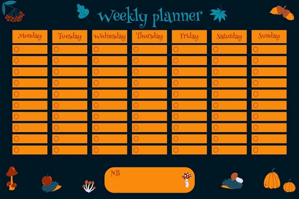 Wekelijkse planner voor kinderen met de hand getekende pompoen, eikel, bergas, egel, champignons, vliegen agarisch in cartoon kinderachtige stijl. Kleurrijke vector illustratie voor stationair, schema, lijst, school — Stockvector