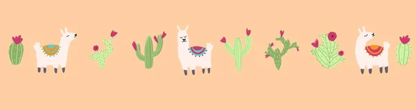 Set med vektor söt lama och kaktus i tecknad hand dras barnslig stil. Rolig djur karaktär för plantskola, baby kläder, textil och produktdesign, tapeter, omslagspapper, kort, scrapbooking — Stock vektor