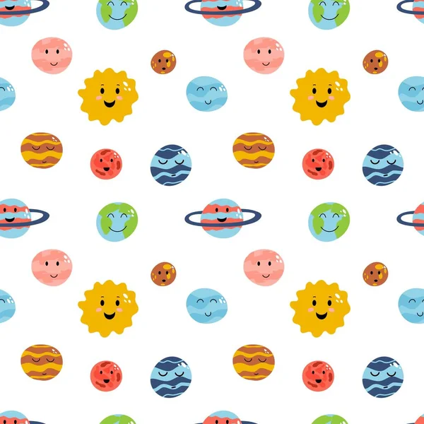 Space elements seamless pattern in cartoon flat childish style. Vector illustration of planets earth, venus, mercury, jupiter, saturn, mars, neptune, uranus, pluto for baby apparel, textile and
