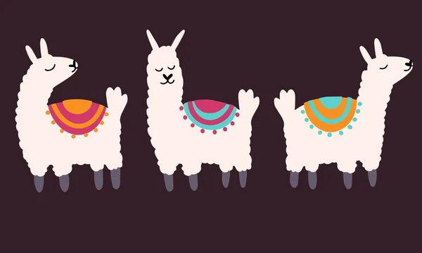 Uppsättning vektor söt lama i tecknad hand dras barnslig stil. Rolig djur karaktär för plantskola, baby kläder, textil och produktdesign, tapeter, omslagspapper, kort, scrapbooking — Stock vektor