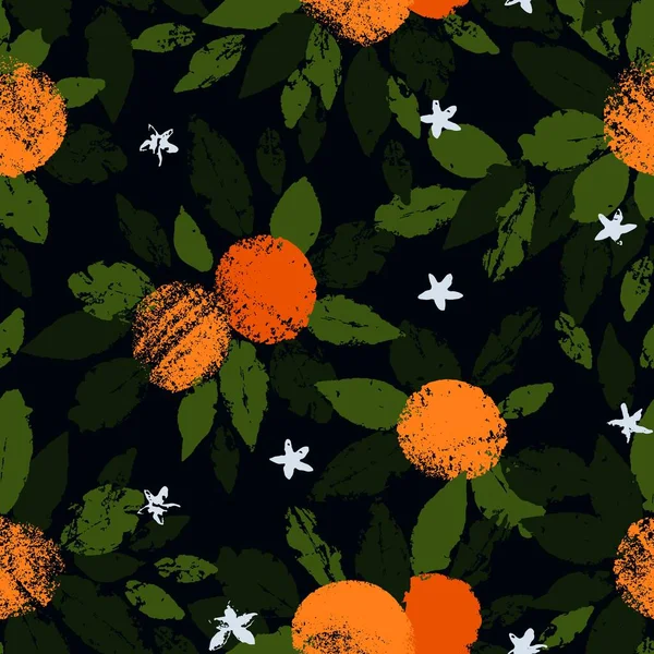 Χειροποίητο σχέδιο χωρίς ραφή των πορτοκαλιών με φύλλα στην τεχνική της σφραγίδας. Διάνυσμα εικονογράφηση των εσπεριδοειδών σε ρετρό vintage στυλ — Διανυσματικό Αρχείο