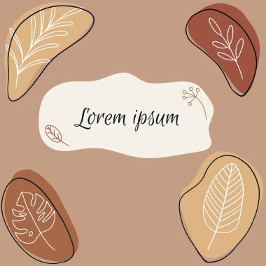 Çiçeksel beyaz çizgi çizimi olan vektör kartı şablonu tasarımı ve sıcak toprak renklerinde soyut noktalar