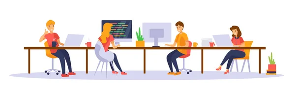 Люди работают вместе в офисе. Мужчины и женщины сидят за столом с компьютерами. Изолированные на белом. — стоковый вектор