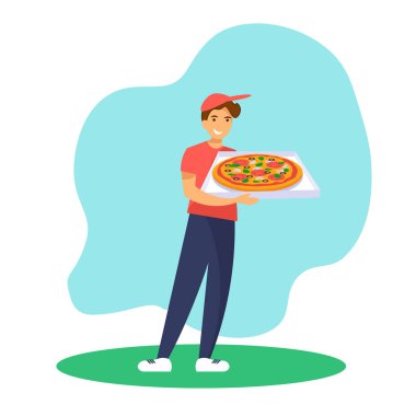 Pizza teslimatı. Teslimatçı elinde pizza ile karton kutuyu tutuyor. Düz vektör illüstrasyonu