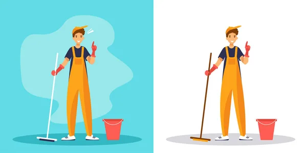 Man janitor with index finger up gesture. Cleaner in uniform with mop on blue and white background. — Stock Vector
