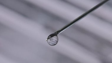 Üstünde bir damla serum olan şırınga iğnesi. Serum damlasına yansıyan bulanık arkaplan.