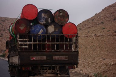 Oil drums polluted environment in the transport cart, Mukalla Yemen 2020 clipart