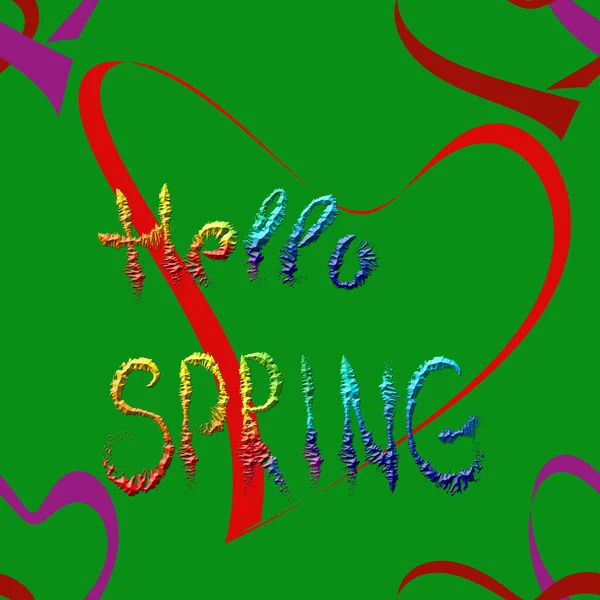 Seamless Pattern Red Lilac Hearts Multicolored Hello Spring Lettering Green — Stock Photo, Image