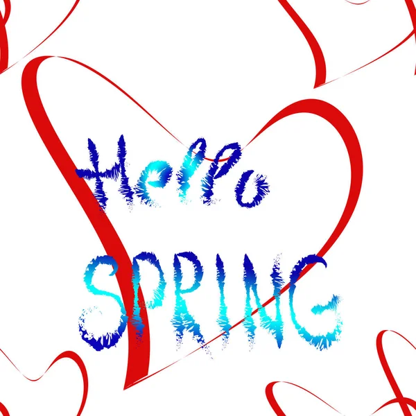 Seamless Pattern Red Hearts Blue Hello Spring Lettering White Background — Stock Photo, Image