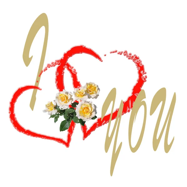 Bitmap Inscripție Două Cuvinte Aur Două Inimi Roșii Cinci Trandafiri — Fotografie, imagine de stoc