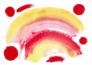Suluboya lekeleri, lekeler ve beyaz kağıda damlalar. Sarı, pembe, kırmızı daireler ve eklemli vuruşlar. İzole elementler.