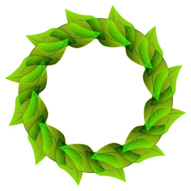 Çelenk şeklinde şeffaf yeşil yapraklar şeklinde raster yuvarlak çerçeve. Beyaz arkaplandaki izole öge.