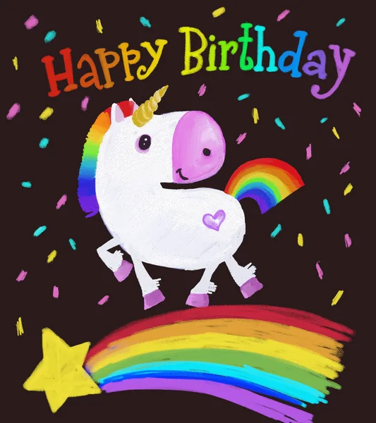 greeting card with a unicorn. Cute white rainbow unicorn rides on a chocolate background . hand drawing