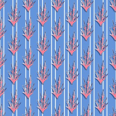 Beyaz ve mavi çizgileri olan dikensiz pembe dikenli desen. Açık mavi arka plan ve ince dikey çizgiler. Göze çarpan reklam projelerinizden herhangi birinin modaya uygun ve göz alıcı dekorasyonu..