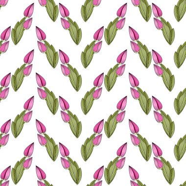 Lale tomurcuklarının kusursuz izi, parlak pembe çiçeklerin ve yeşil yaprakların dikey sınırları. Beyaz arka plan. Kumaş, tekstil, hediye ambalajı, baskı malzemesi, iç mekan, reklam için harika..