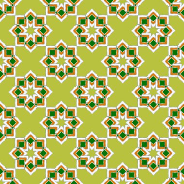 Doğuya özgü güzel, kusursuz geometrik desen. Limon sarısı arka planda eşkenar dörtgenlerden kıvırcık yıldızlar. Kumaş, tekstil, hediye ambalajı, basılı materyal, reklam için harika..