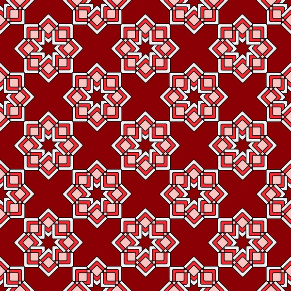 红色的卷曲星形无缝线几何图案 东方阿拉伯色 深红色背景 用于装饰面料 纺织品 礼品包装 印刷品 室内装饰 — 图库矢量图片
