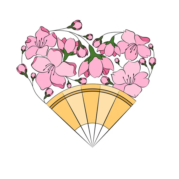 ハート ピンクの桜 オレンジイエローのファンの形で構成されています 白い背景に隔離されている グリーティングカード ロマンチックなバレンタイン あなたの他のデザインを飾るために素晴らしい — ストックベクタ