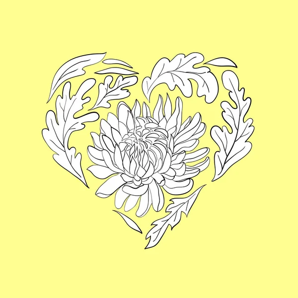 黄色の背景に菊の心臓 花や葉の形で花の黒と白の組成物 バレンタイン グリーティングカード 招待状 その他のデザインのテンプレート — ストックベクタ