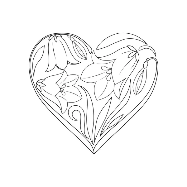 Bouquet Forme Coeur Fleurs Cloche Illustration Contour Noir Blanc Isolé — Image vectorielle